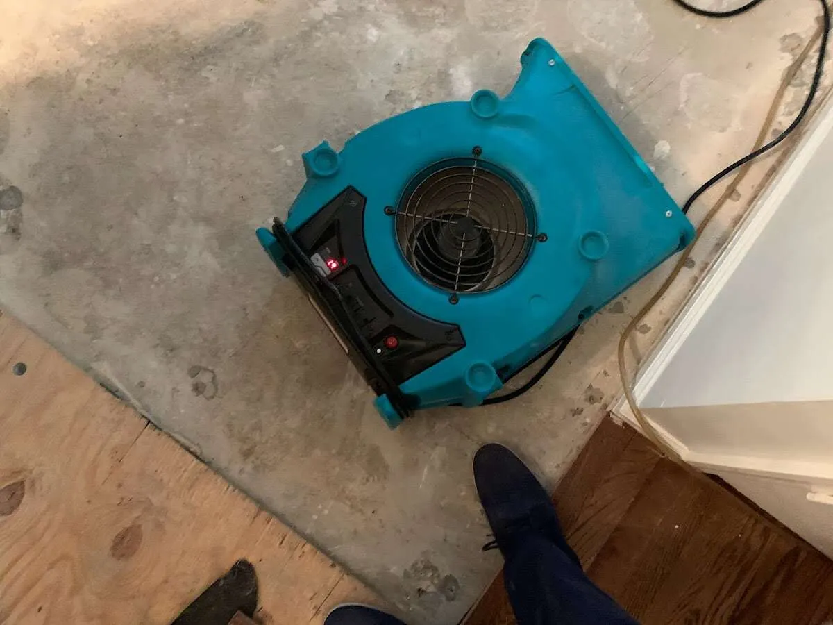 Air mover drying subfloor during Leak Detection & Repair in Parma